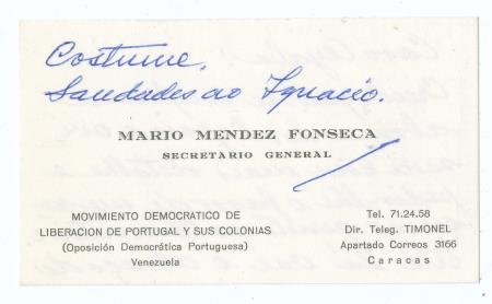 [Cart�o remetido por Mario Mendez Fonseca a Adolfo Ayala]