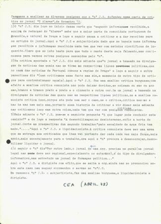 Passamos a analisar as diversas posi��es que o "n" J.S. defendeu numa carta de cr�tica ao jornal "O Alarme", de Novembro 72