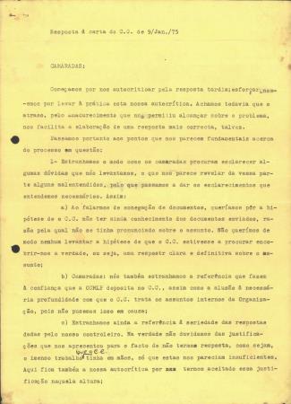 Resposta � carta do C.C. de 9/1/75