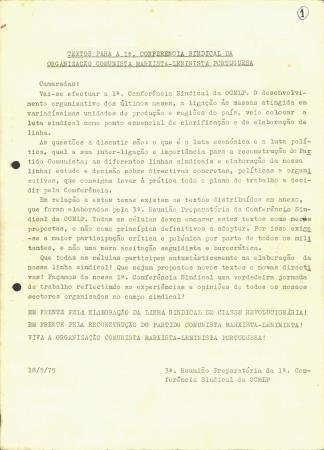 Textos para a 1� Confer�ncia Sindical da Organiza��o Comunista Marxista-Leninista Portuguesa