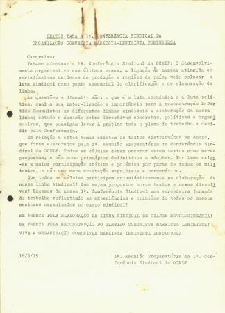 Textos para a 1� Confer�ncia Sindical da Organiza��o Comunista Marxista-Leninista Portuguesa