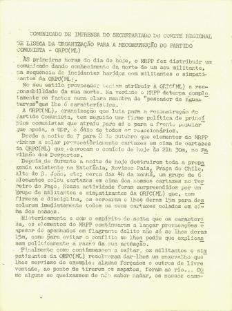 Comunicado de Imprensa do Secretariado do Comit� Regional de Lisboa da Organiza��o para a Reconstru��o do Partido Comunista - ORPC (ML)