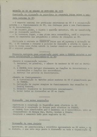 Reuni�o do CC de Meados de Setembro de 1975. Conclus�o da discuss�o do relat�rio do camarada Jaime sobre a unidade interna do CC
