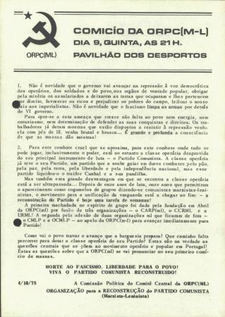 Com�cio da ORPC (ML), Dia 9, Quinta, �s 21 H. Pavilh�o dos Desportos