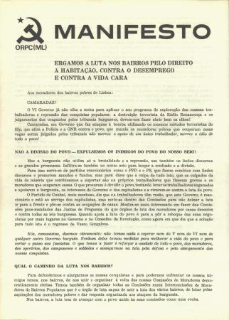 Manifesto. Ergamos a Luta nos Bairros pelo Direito � Habita��o, contra o Desemprego e contra a Vida Cara