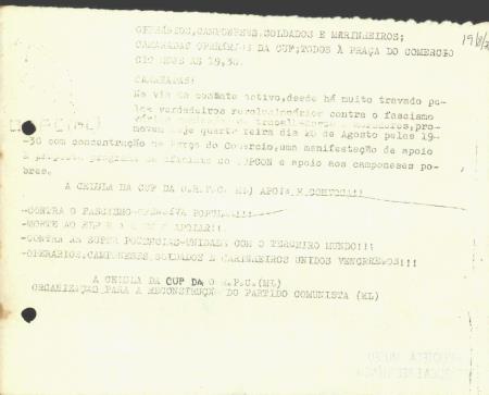 Oper�rios, Camponeses, Soldados e Marinheiros; Camaradas Oper�rios da CUF, Todos � Pra�a do Com�rcio, Hoje �s 19.30