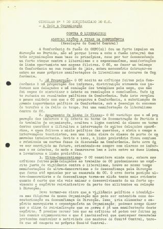 Circular N.� 1 do Secretariado do CC. A toda a Organiza��o. Contra o Liberalismo: Algumas Li��es a Tirar da Confer�ncia (Resolu��o do Comit� Central)