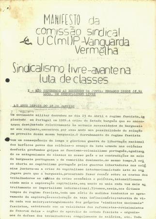 Manifesto da comiss�o sindical UC (ml) P - Vanguarda Vermelha. Sindicalismo livre - avante na luta de classes