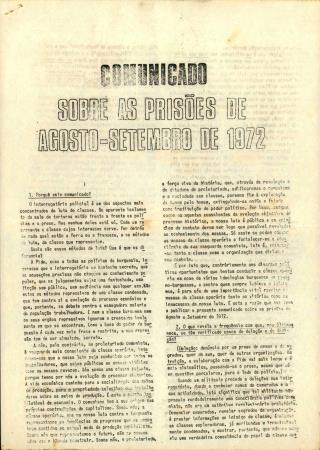 Comunicado sobre as Pris�es de Agosto-Setembro de 1972