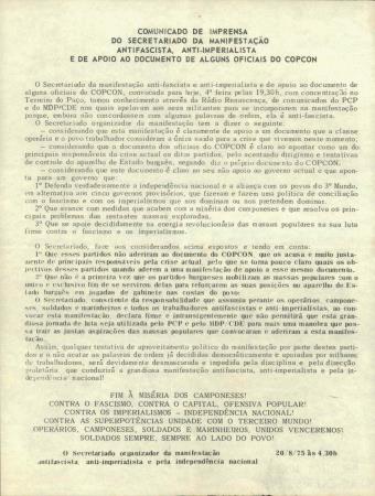 Comunicado de Imprensa do Secretariado da Manifesta��o Antifascista, Anti-Imperialista e de Apoio ao Documento de alguns Oficiais do COPCON