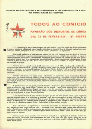 Jornada Anti-Colonialista e Anti-Imperialista de Solidariedade com a Luta dos Povos Irm�os das Col�nias. Todos ao com�cio, Pavilh�o dos Desportos de Lisboa, 21 de Fevereiro - 21 Horas