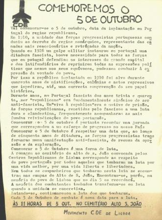 <b>Comemoremos o 5 de Outubro</b>