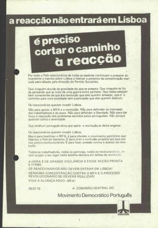 A reac��o n�o entrar� em Lisboa, � preciso cortar o caminho � reac��o